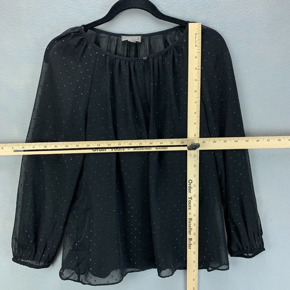 Point Sur J Crew Blouse Top Womens XS‎ Black Popover Chiffon Pin Dot Keyhole - Picture 8 of 14